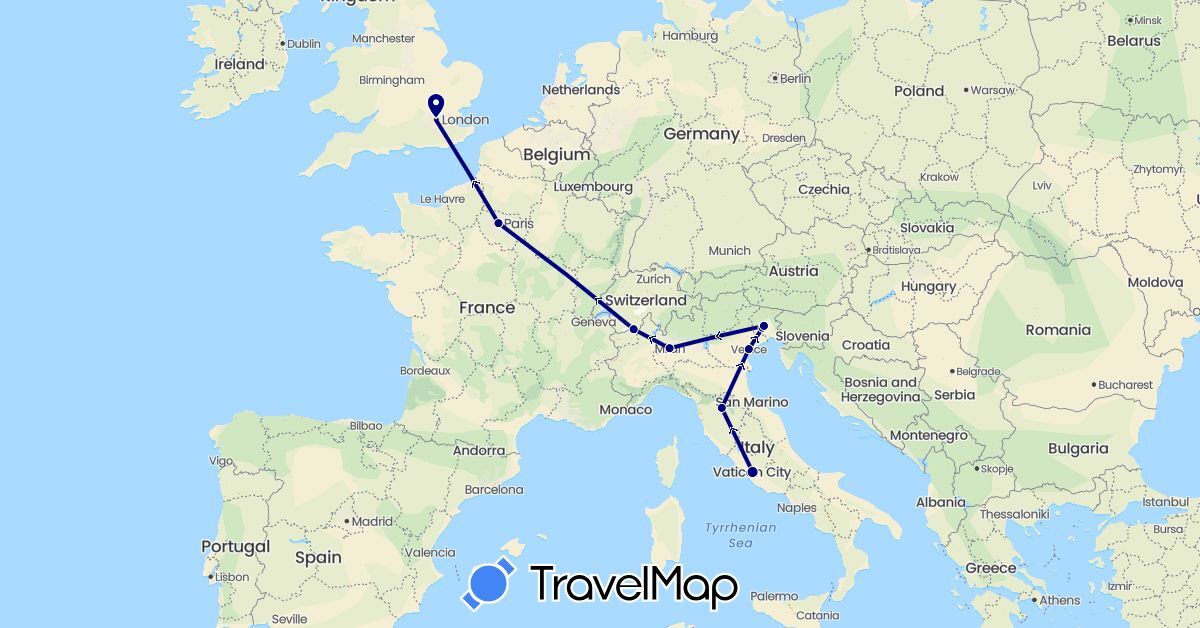 TravelMap itinerary: driving in Switzerland, France, United Kingdom, Italy (Europe)